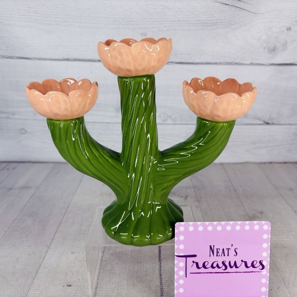 Threshold Target GREEN CACTUS Peach Flowers Ceramic Candle Holders Candelabra